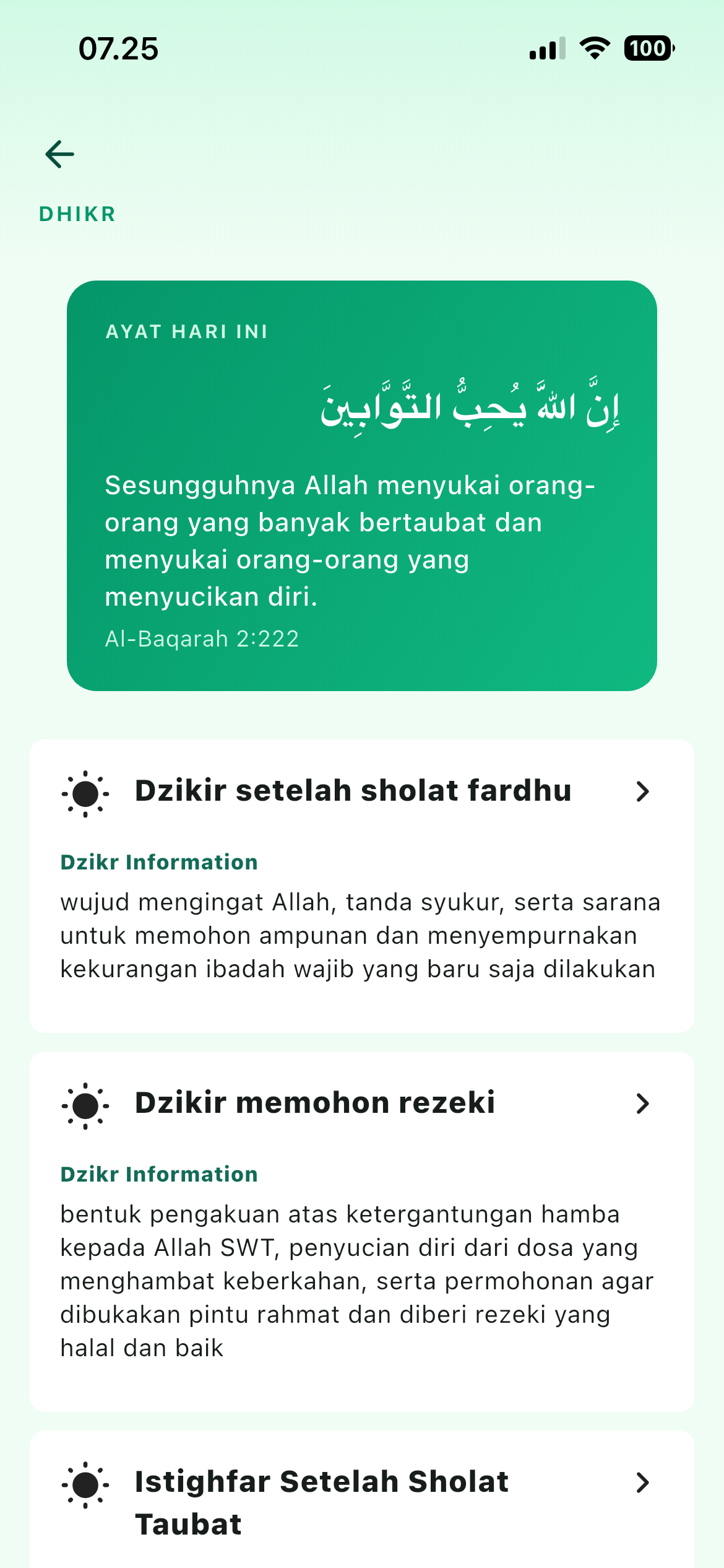 Koleksi dzikir pada aplikasi Yazeed