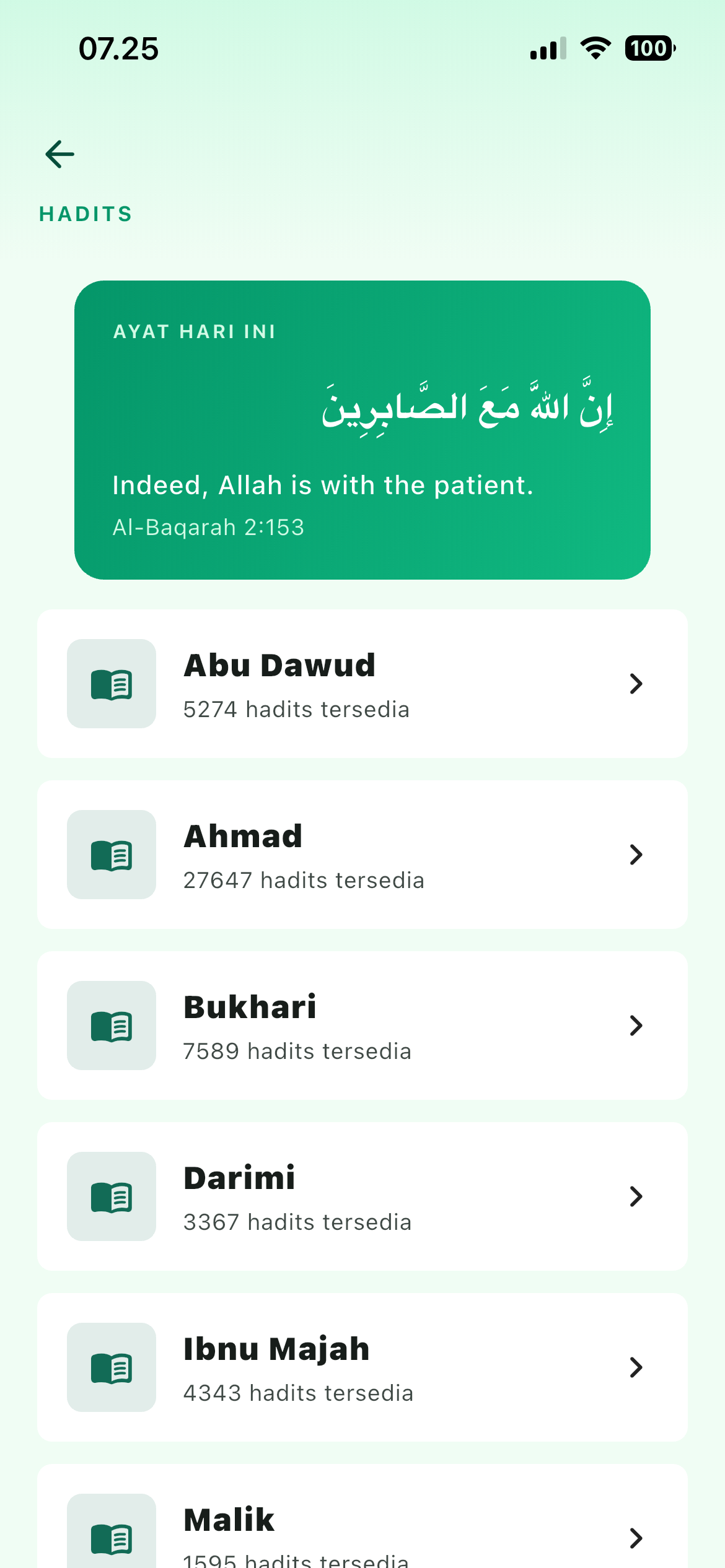 Daftar koleksi hadits pada aplikasi Yazeed